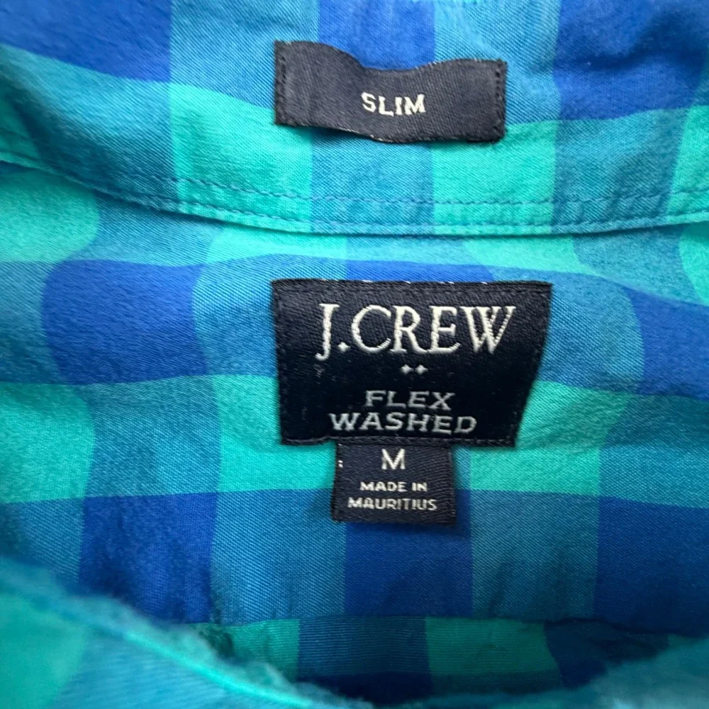 J.Crew Mens Slim Fit Flex Washed Gingham Button Down Shirt Blue Teal Medium